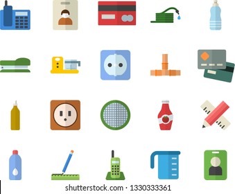 Color flat icon set pipes flat vector, sockets, measure, meashuring cup, food processor, sieve, mustard, ketchup, hose, credit card, telephone, stapler, water, indentity fector, pass