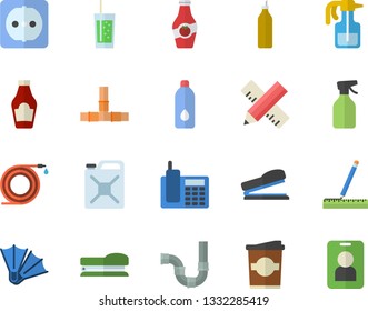 Color flat icon set pipes flat vector, sockets, measure, ketchup, soda, coffe, mustard, pulverizer, hose, canister, telephone, stapler, water, flippers fector, pass