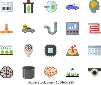 Color flat icon set pipes flat vector, warm floor, heating batteries, sprinkling machine, autopilot, pipe production, motherboard, barcode, artificial insemination, computer, brain, fector
