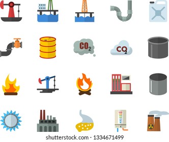 Color flat icon set pipes flat vector, boiler, gas, bonfire, oil production platform, pumping, main pipeline, station, tanks, plant, canister, carbon dioxide, pipe, stomach, nuclear power