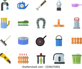Color flat icon set pipes flat vector, stationery knife, heating batteries, hiking pot, saute, teflon, electric kettle, blender, grater, canned food, horseshoe, rake, watering can, water tap, trash
