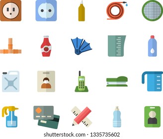 Color flat icon set pipes flat vector, sockets, measure, meashuring cup, sieve, mustard, ketchup, pulverizer, hose, canister, credit card, telephone, stapler, water, indentity fector, flippers, pass