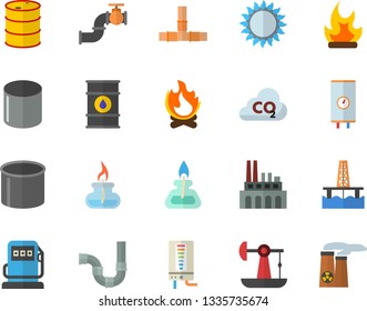 Color flat icon set pipes flat vector, boiler, gas, bonfire, oil production platform, pumping, main pipeline, refueling, tanks, plant, carbon dioxide, pipe, burner, nuclear power