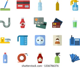 Color flat icon set pipes flat vector, sockets, measure, meashuring cup, food processor, ketchup, soda, mustard, pulverizer, hose, credit card, telephone, water, indentity fector, flippers