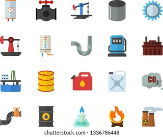 Color flat icon set pipes flat vector, boiler, gas, bonfire, oil production platform, pumping, main pipeline, refueling, tanks, plant, canister, carbon dioxide, pipe, burner, nuclear power