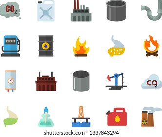Color flat icon set pipes flat vector, boiler, bonfire, oil production platform, pumping, refueling, tanks, plant, canister, carbon dioxide, pipe, stomach, gas burner, nuclear power