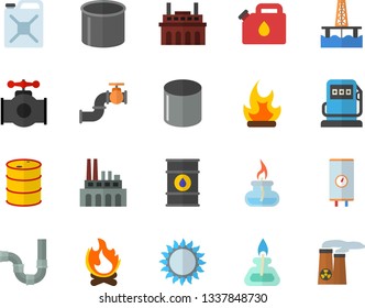 Color flat icon set pipes flat vector, boiler, gas, bonfire, oil production platform, main pipeline, refueling, tanks, plant, canister, pipe, burner, nuclear power