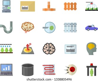 Color flat icon set pipes flat vector, warm floor, heating batteries, sprinkling machine, autopilot, pipe production, barcode, artificial insemination, computer, brain, fector, control gate