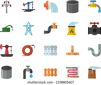 Color flat icon set pipes flat vector, warm floor, heating batteries, hose, irrigation, water tap, oil pumping, main pipeline, power line support, pipe production, nuclear plant