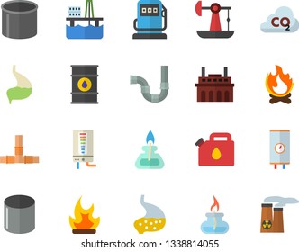 Color flat icon set pipes flat vector, boiler, bonfire, oil production platform, pumping, refueling, tanks, plant, canister, carbon dioxide, pipe, stomach, gas burner, nuclear power