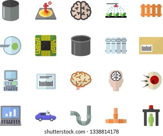 Color flat icon set pipes flat vector, warm floor, heating batteries, sprinkling machine, autopilot, pipe production, motherboard, barcode, artificial insemination, computer, brain, fector