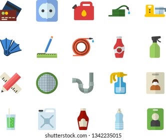 Color flat icon set pipes flat vector, sockets, measure, food processor, sieve, ketchup, soda, pulverizer, hose, canister, water, indentity card fector, credit, flippers, pass