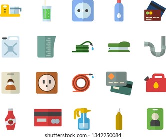 Color flat icon set pipes flat vector, sockets, meashuring cup, food processor, soda, mustard, ketchup, pulverizer, hose, canister, credit card, stapler, water, indentity fector, pass