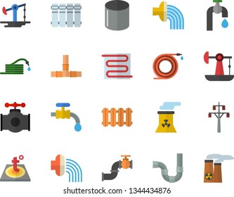 Color flat icon set pipes flat vector, warm floor, heating batteries, hose, irrigation, water tap, oil pumping, main pipeline, power line support, pipe production, nuclear plant
