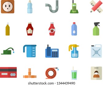 Color flat icon set pipes flat vector, sockets, measure, meashuring cup, ketchup, soda, mustard, pulverizer, hose, canister, credit card, telephone, water, indentity fector