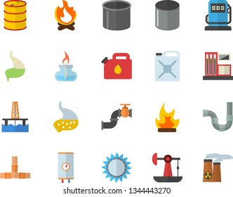 Color flat icon set pipes flat vector, boiler, gas, bonfire, oil production platform, pumping, main pipeline, station, refueling, tanks, canister, pipe, stomach, burner, nuclear power plant