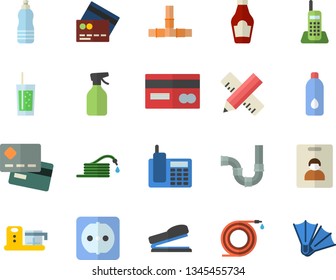 Color flat icon set pipes flat vector, sockets, measure, food processor, ketchup, soda, pulverizer, hose, credit card, telephone, stapler, water, identity  , flippers