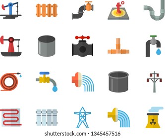 Color flat icon set pipes flat vector, warm floor, heating batteries, hose, irrigation, water tap, oil pumping, main pipeline, power line support, pipe production, nuclear plant