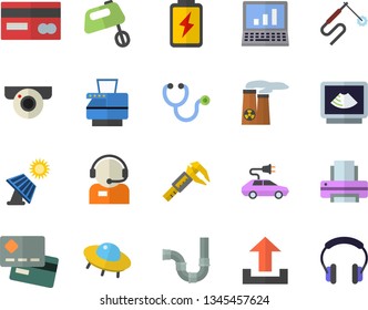 Color flat icon set pipes flat vector, mixer, battery, solar, trammel, electric cars, welding, credit card, telephone operator, stethoscope, ultrasound, printer, copy machine, computer, ufo, upload