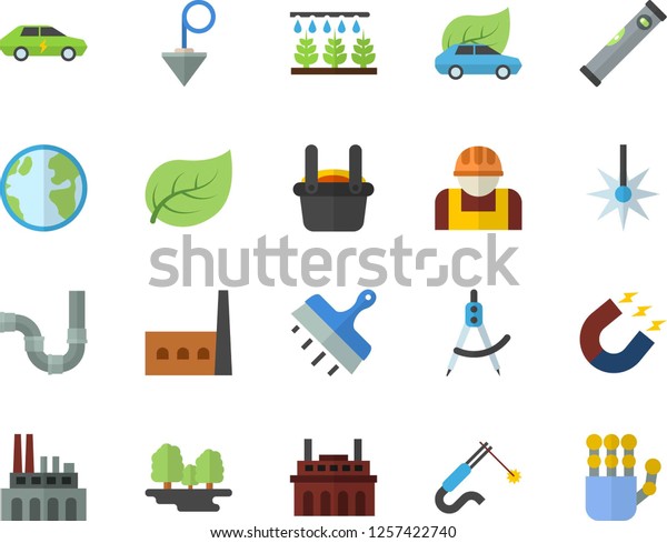 Color flat icon set pipes flat vector, level\
meter, putty knife, construction plummet, sprinkling machine, tree\
leaf, earth, forest, manufactory, plant, worker, eco cars,\
electric, laser, magnet