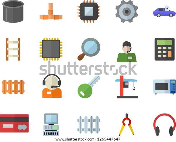 Color flat icon set pipes flat vector, heating\
batteries, microwave, ladder, crane, autopilot, pipe production,\
motherboard, dividers, radiator, credit card, telephone operator,\
calculator, computer