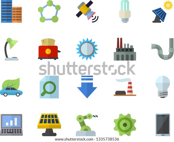 Color flat icon set pipes flat vector, energy\
saving lamp, skyscraper, gas, toaster, solar battery, factory,\
plant, cogwheel, eco cars, magnifier, reading, molecule, satellit,\
fector, computer