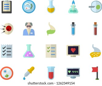 Color flat icon set pipette flat vector, blood test, computer diagnostics of health, medical analysis, artificial insemination, stomach, clipboard, to do list, flask, gas burner, scientist, beakers
