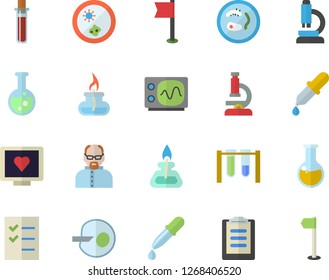 Color flat icon set pipette flat vector, blood test, computer diagnostics of health, medical analysis, artificial insemination, clipboard, to do list, flask, microscope, gas burner, oscilloscope