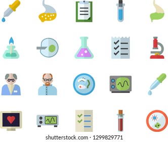 Color flat icon set pipette flat vector, blood test, computer diagnostics of health, artificial insemination, stomach, clipboard, to do list, flask, microscope, gas burner, oscilloscope, scientist