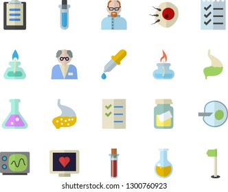 Color flat icon set pipette flat vector, blood test, computer diagnostics of health, medical analysis, artificial insemination, stomach, clipboard, to do list, flask, gas burner, oscilloscope