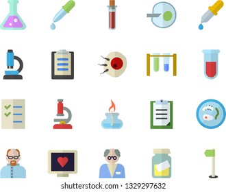 Color flat icon set pipette flat vector, blood test, computer diagnostics of health, medical analysis, artificial insemination, clipboard, to do list, flask, microscope, gas burner, scientist