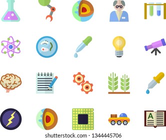 Color flat icon set pipette flat vector, flask, atom, notepad, robot hand, bulb, cpu, lightning, scientist, cogwheel, beakers, lunar rover, telescope, Petri dish, ear, brain, book