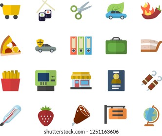Color flat icon set pizza flat vector, piece of cake, ham, shashlik, hot peppers, French fries, fish rolls, Strawberry, grain warehouse, eco cars, autopilot, grocery trolley, signboard, badge, globe