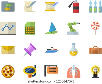 Color flat icon set pizza flat vector, lollipop, chemistry, SIM card, signboard, ampoule, lungs, drawing pin, point diagram, hostory roll, industrial robot, sport bag, swimming mask fector, envelope