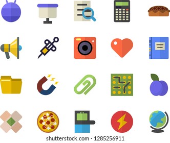 Color flat icon set pizza flat vector, pie, plum, magnet, flipchart, syringe, heart, patch, computer file, magnifier, textbook, lightning, calculator, electronic circuit, fitball, clip, mouthpiece