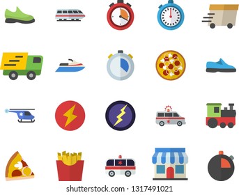 Color flat icon set pizza flat vector, French fries, store front, trucking, express delivery, ambulance, helicopter, lightning, sneakers, stopwatch, train fector, water scooter