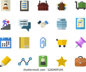 Color flat icon set plant flat vector, grocery trolley, graphic report, scatter chart, chat, clipboard, calendar, notebook, drawing pin, meeting, pencil, copy machine, agreement, career ladder, pass