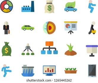 Color flat icon set planting plants flat vector, seedlings, hydroelectric power station, manufactory, eco cars, electric, hierarchy, wealth, flipchart, computer chart, clircle diagram, businessman