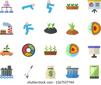 Color flat icon set planting plants flat vector, seedlings, factory, hydroelectric power station, eco cars, wealth, flipchart, clircle diagram, hierarchy, presentaition board, gymnastics, squats