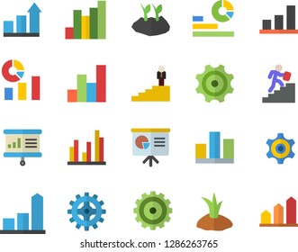 Color flat icon set planting plants flat vector, cogwheel, chart, statistics, statistic, career ladder, presentaition board, achievement