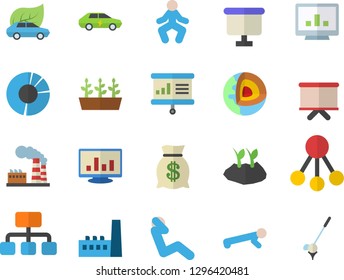 Color flat icon set planting plants flat vector, seedlings, factory, manufactory, eco cars, electric, hierarchy, wealth, flipchart, computer chart, clircle diagram, presentaition board, gymnastics