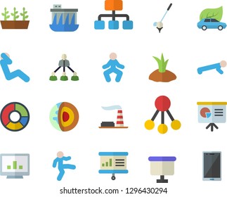 Color flat icon set planting plants flat vector, seedlings, factory, hydroelectric power station, eco cars, hierarchy, flipchart, computer chart, clircle diagram, presentaition board, gymnastics