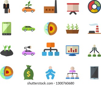 Color flat icon set planting plants flat vector, seedlings, factory, manufactory, eco cars, electric, hierarchy, wealth, flipchart, computer chart, clircle diagram, businessman, gymnastics, mobile
