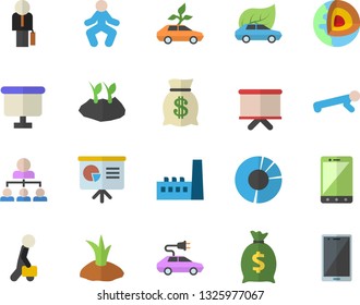 Color flat icon set planting plants flat vector, manufactory, eco cars, electric, wealth, flipchart, clircle diagram, hierarchy, businessman, presentaition board, core of the earth fector, push up