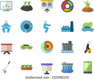 Color flat icon set planting plants flat vector, seedlings, hydroelectric power station, manufactory, eco cars, electric, flipchart, computer chart, clircle diagram, businessman, presentaition board