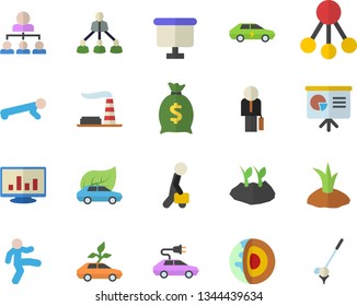 Color flat icon set planting plants flat vector, factory, eco cars, electric, hierarchy, wealth, flipchart, computer chart, businessman, presentaition board, core of the earth fector, gymnastics