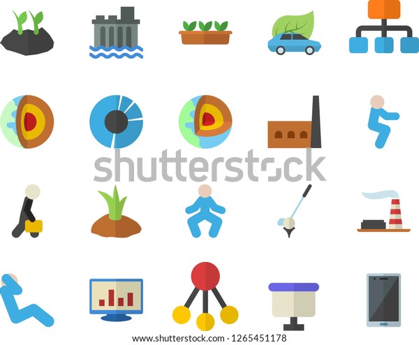 Color flat icon set planting plants flat vector,\
seedlings, factory, hydroelectric power station, manufactory, eco\
cars, hierarchy, flipchart, computer chart, clircle diagram,\
businessman, squats