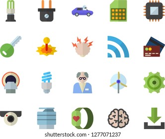 Color flat icon set plug socket flat vector, cogwheel, energy saving lamp, autopilot, laser, motherboard, SIM card, tomograph, copy machine, fector, brainstorm, scientist, windmill, brain, credit
