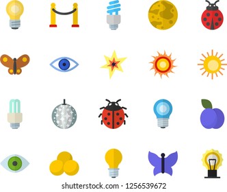 Color flat icon set plum flat vector, ladybird, butterflies, lamp, eye, moon, bulb, energy saving fector, spark, pills, VIP area, sun, disco ball