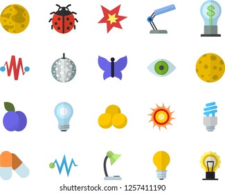 Color flat icon set plum flat vector, ladybird, butterflies, lamp, idea, eye, reading, moon, bulb, energy saving fector, spark, electric discharge, pills, sun, disco ball